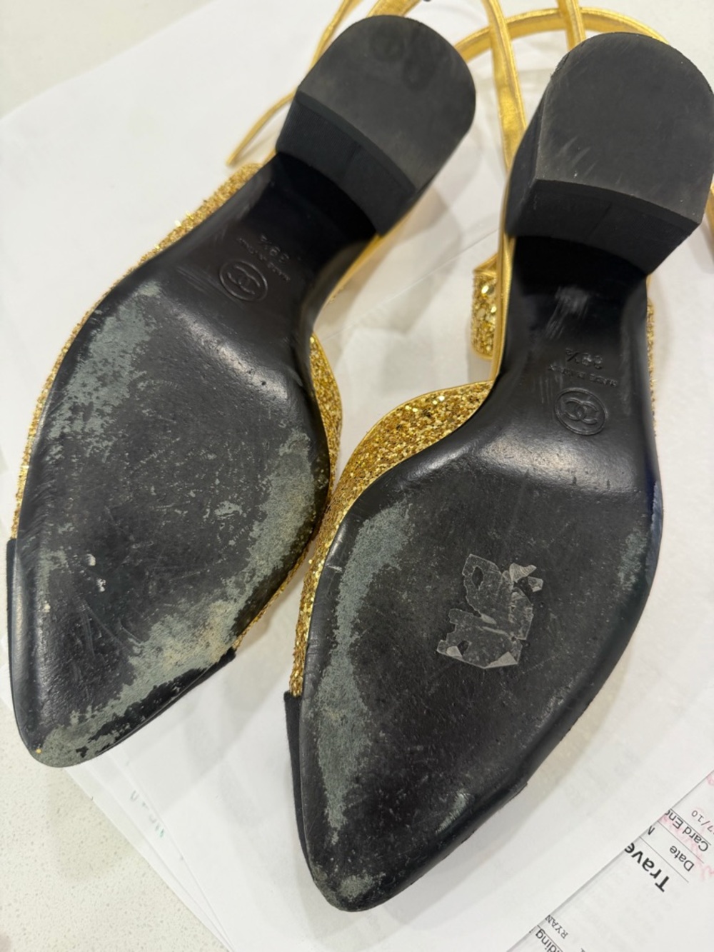 CHANEL Gold Glitter Slingback Pumps with Black Cap Toe - Picture 5 of 7